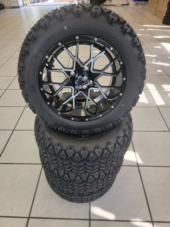 14" VORTEX MACHIBED &amp; BLACK GOLF CART WHEELS ON 14x23" ALL TERRAIN TIRES (SET OF 4) optional Lugs