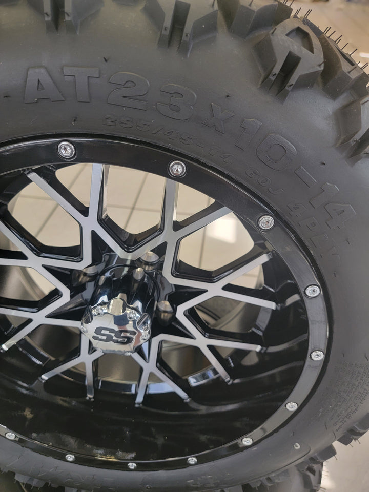 14" VORTEX MACHIBED &amp; BLACK GOLF CART WHEELS ON 14x23" ALL TERRAIN TIRES (SET OF 4) optional Lugs