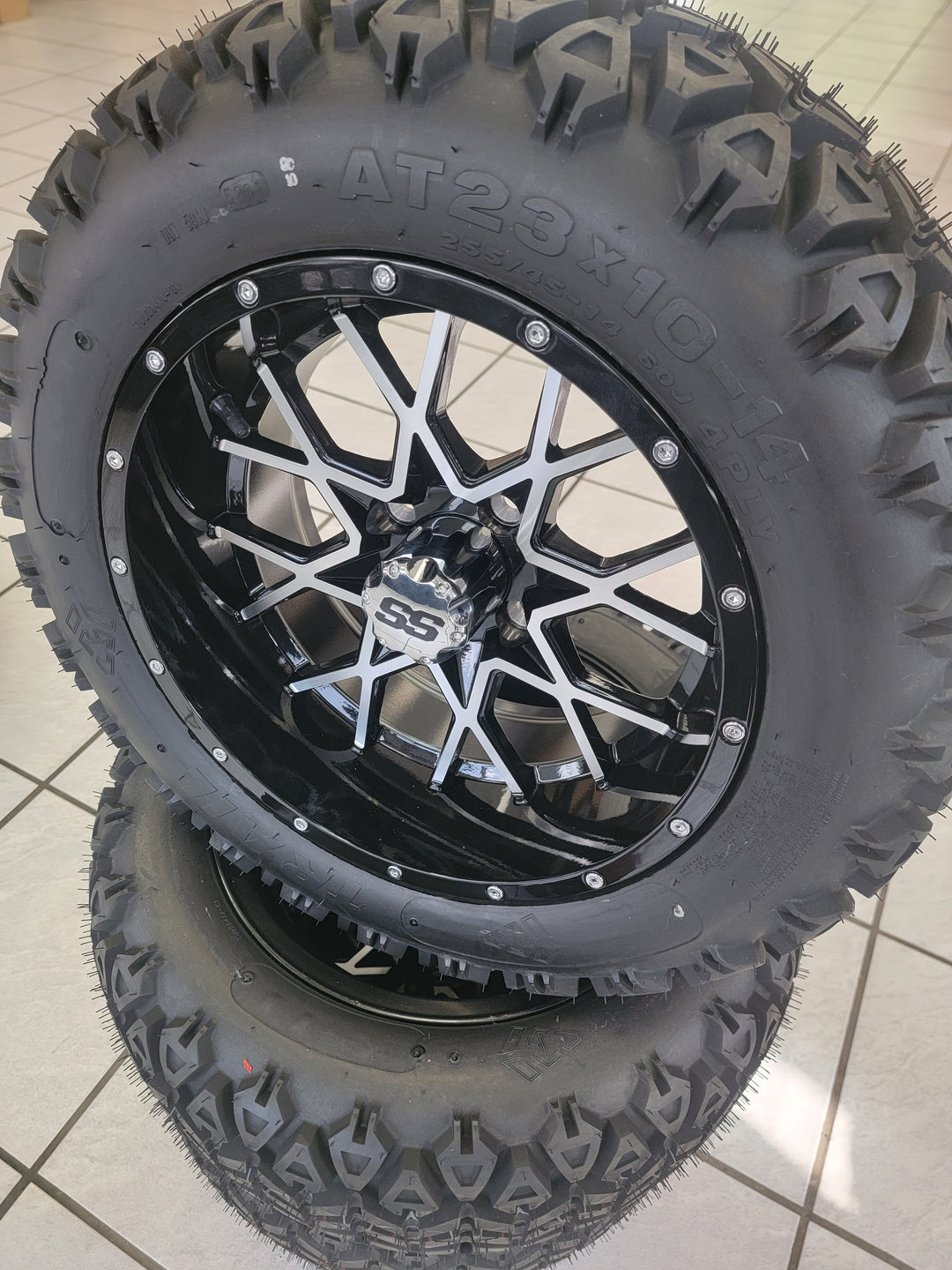 14" VORTEX MACHIBED &amp; BLACK GOLF CART WHEELS ON 14x23" ALL TERRAIN TIRES (SET OF 4) optional Lugs
