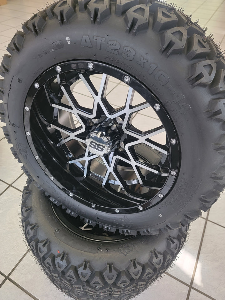 14" VORTEX MACHIBED &amp; BLACK GOLF CART WHEELS ON 14x23" ALL TERRAIN TIRES (SET OF 4) optional Lugs