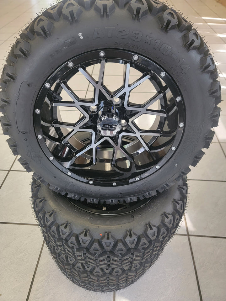 14" VORTEX MACHIBED &amp; BLACK GOLF CART WHEELS ON 14x23" ALL TERRAIN TIRES (SET OF 4) optional Lugs
