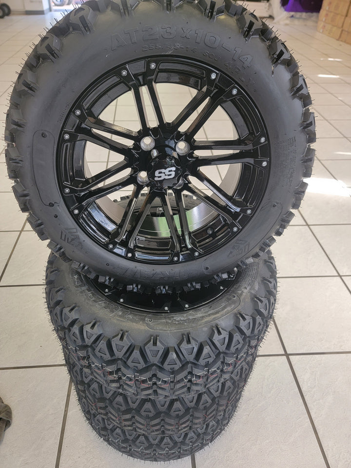 14" LANCER GLOSS BLACK GOLF CART WHEELS ON 14x23" ALL TERRAIN TIRES (SET OF 4) optional Lugs
