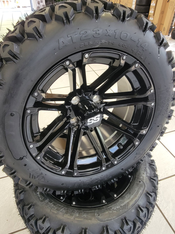 14" LANCER GLOSS BLACK GOLF CART WHEELS ON 14x23" ALL TERRAIN TIRES (SET OF 4) optional Lugs