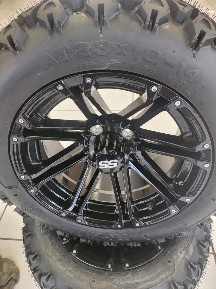 14" LANCER GLOSS BLACK GOLF CART WHEELS ON 14x23" ALL TERRAIN TIRES (SET OF 4) optional Lugs