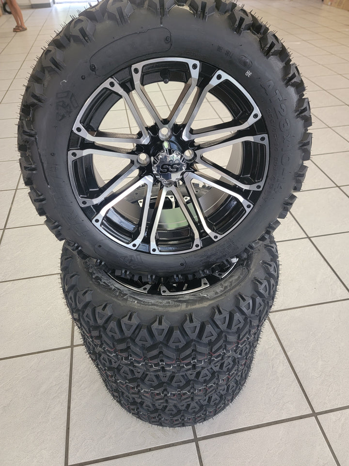 14" LANCER MACHIBED &amp; BLACK GOLF CART WHEELS ON 14x23" ALL TERRAIN TIRES (SET OF 4) optional Lugs