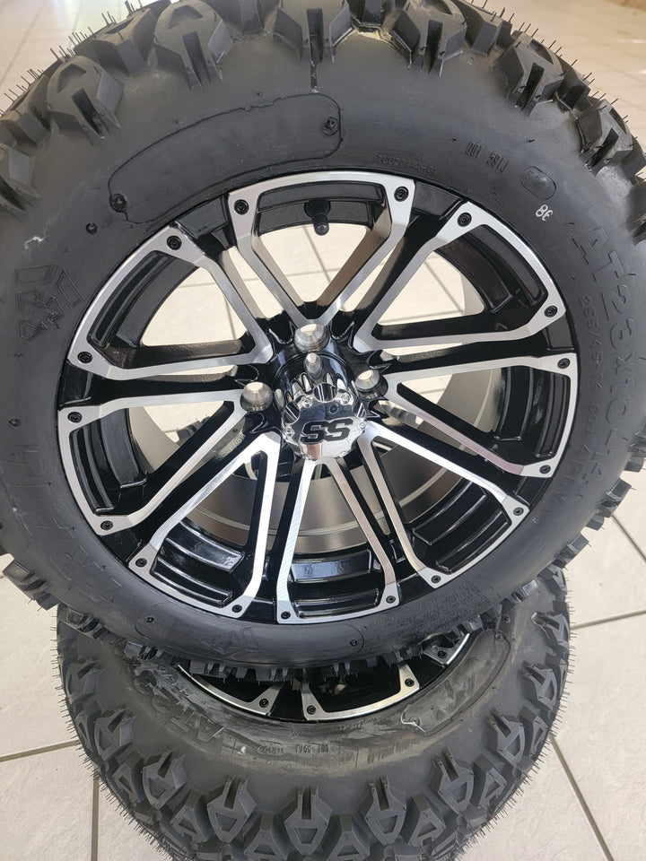 14" LANCER MACHIBED &amp; BLACK GOLF CART WHEELS ON 14x23" ALL TERRAIN TIRES (SET OF 4) optional Lugs
