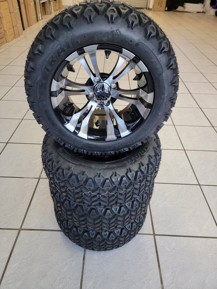 GOLF CART 14" VAMPIRE MACHINED &amp; BLACK WHEELS ON 14x23" ALL TERRAIN TIRES (SET OF 4) optional Lugs