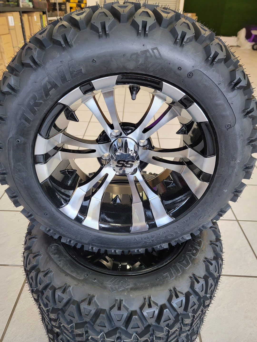 GOLF CART 14" VAMPIRE MACHINED &amp; BLACK WHEELS ON 14x23" ALL TERRAIN TIRES (SET OF 4) optional Lugs