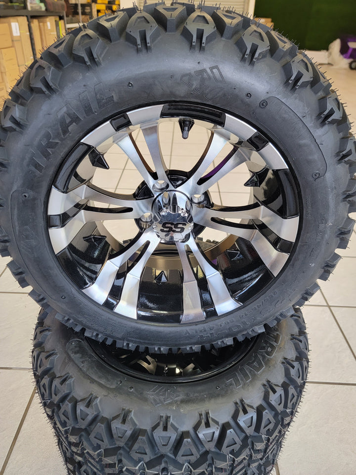 GOLF CART 14" VAMPIRE MACHINED &amp; BLACK WHEELS ON 14x23" ALL TERRAIN TIRES (SET OF 4) optional Lugs