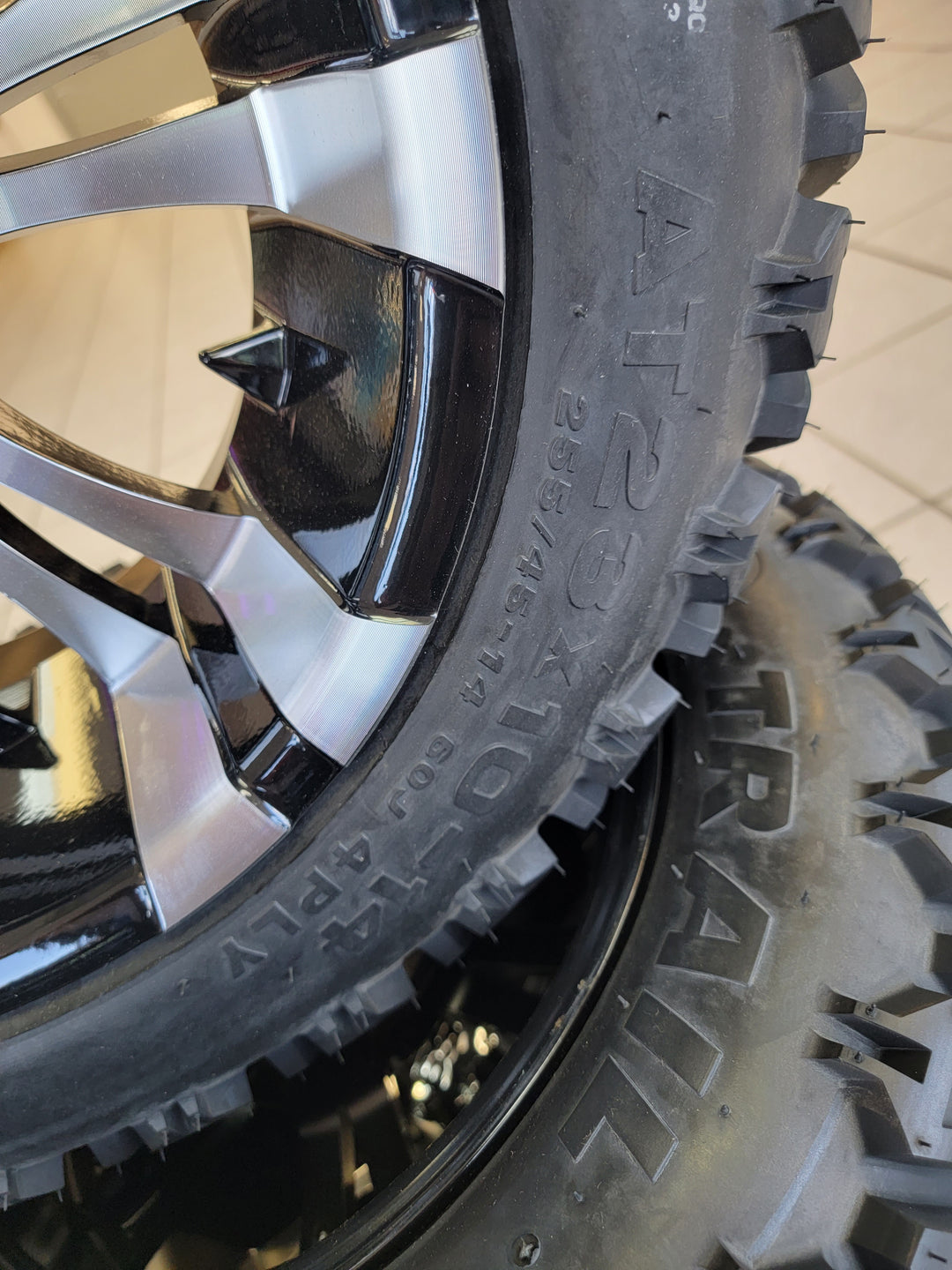 GOLF CART 14" VAMPIRE MACHINED &amp; BLACK WHEELS ON 14x23" ALL TERRAIN TIRES (SET OF 4) optional Lugs