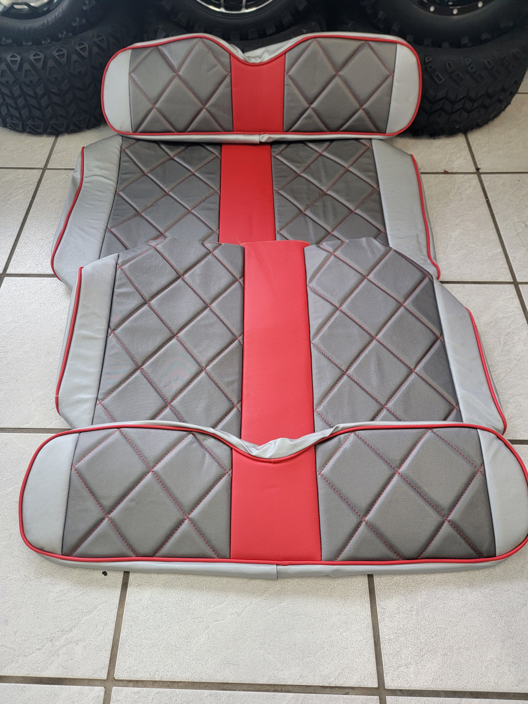 Custom Diamond Stich Silver , Charcoal &amp; Red Ez-Go (Ezgo) Txt/Rxv or Club Car DS 2000-2013 Cart Front Rear Seat Covers