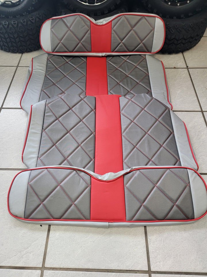 Custom Diamond Stich Silver , Charcoal &amp; Red Ez-Go (Ezgo) Txt/Rxv or Club Car DS 2000-2013 Cart Front Rear Seat Covers