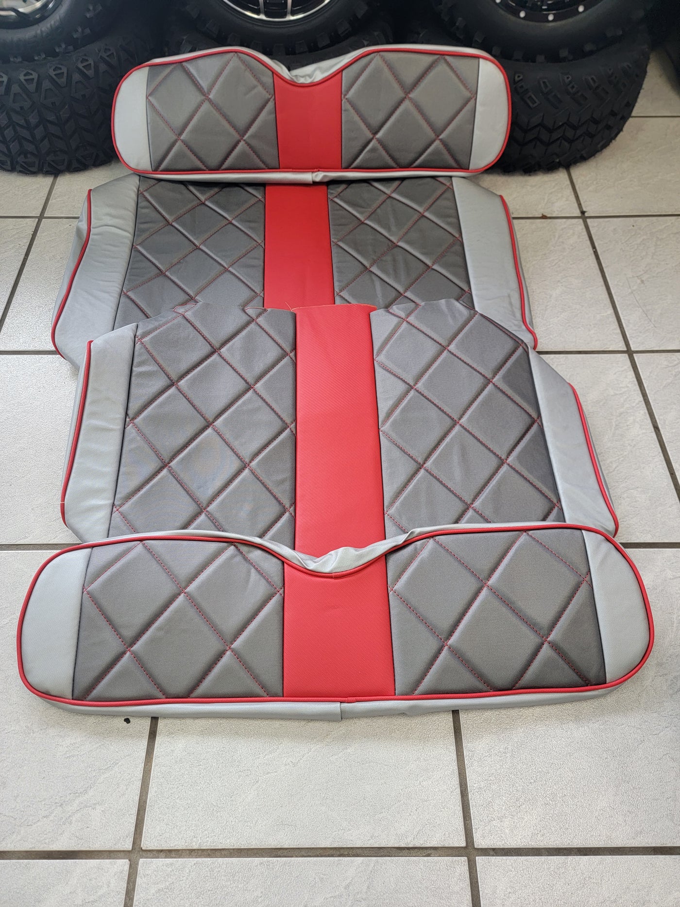 Custom Diamond Stich Silver , Charcoal & Red Ez-Go (Ezgo) Txt/Rxv or Club Car DS 2000-2013 Cart Front Rear Seat Covers