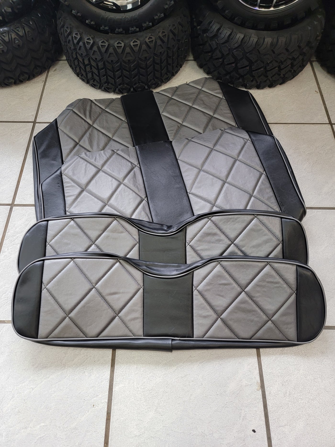 Custom Diamond Stich Charcoal Grey & Black Ez-Go (Ezgo) Txt/Rxv or Club Car DS 2000-2013 Cart Front Rear Seat Covers