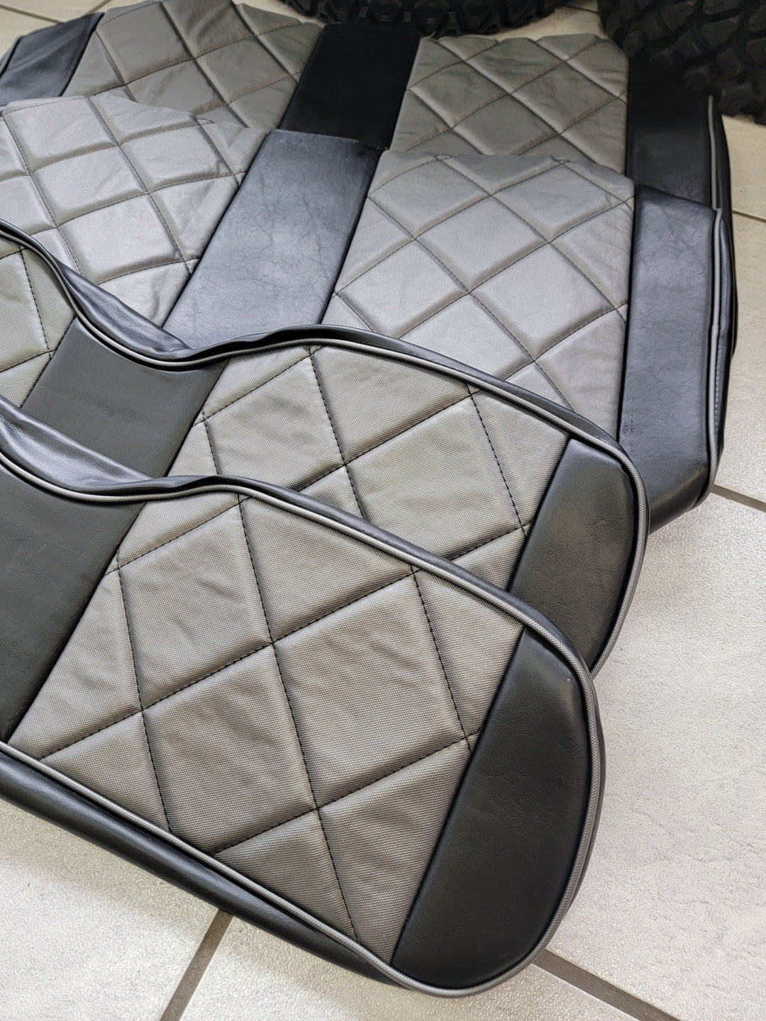 Custom Diamond Stich Charcoal Grey &amp; Black Ez-Go (Ezgo) Txt/Rxv or Club Car DS 2000-2013 Cart Front Rear Seat Covers