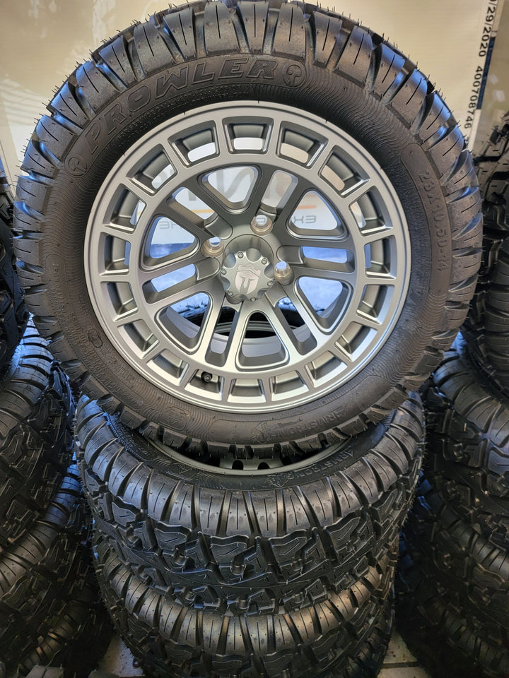 EMPIRE QUEST QGRY MATTE GREY 14" X 23" GOLF CART 14"  WHEELS 14x23" PROWLER ALL TERRAIN TIRES (SET OF 4) optional Lugs