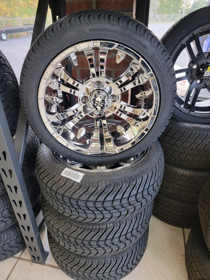 GOLF CART 14" INCH VAMPIRE CHROME WHEELS ON 205/30-14 LOW PROFILE TIRES (SET OF 4) optional Lugs
