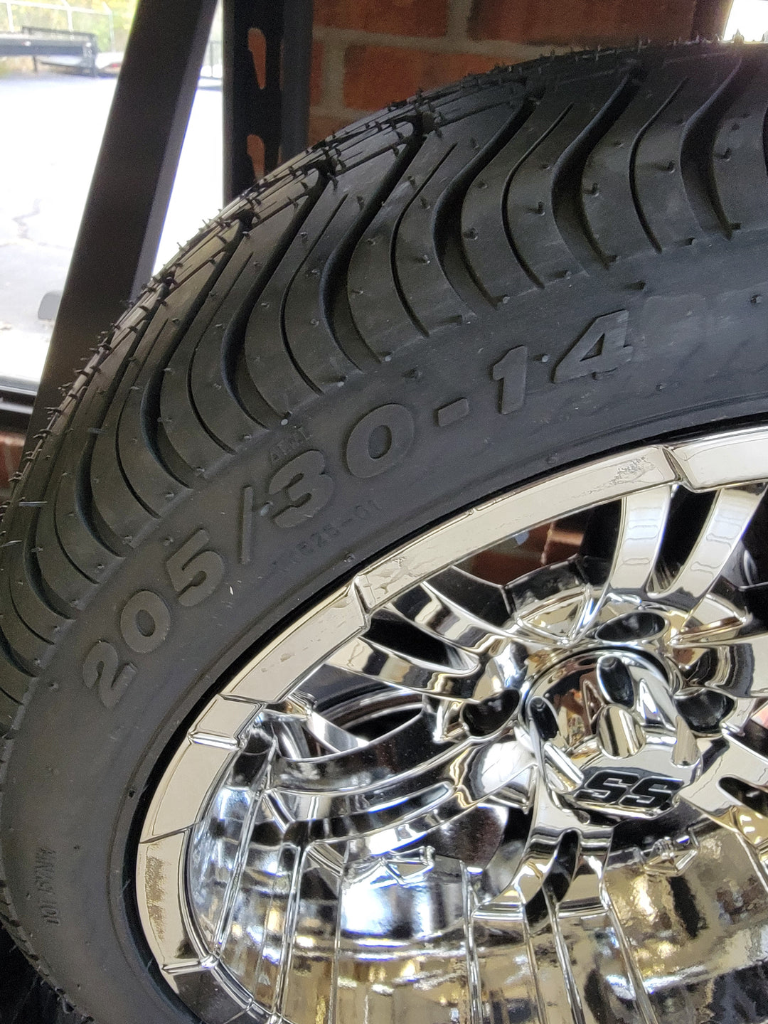 GOLF CART 14" INCH VAMPIRE CHROME WHEELS ON 205/30-14 LOW PROFILE TIRES (SET OF 4) optional Lugs