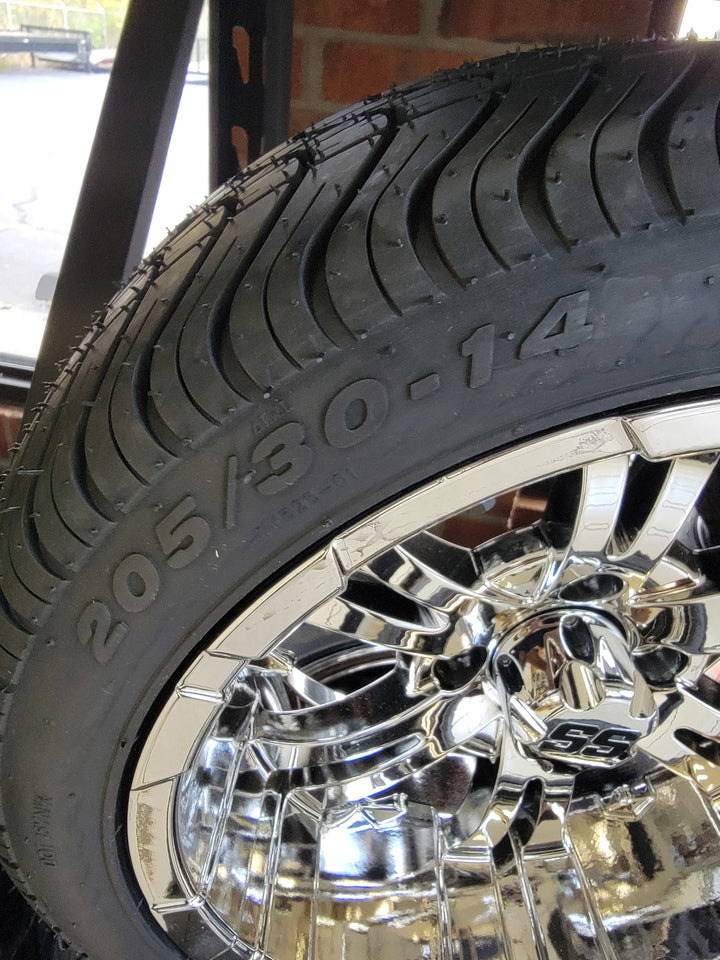 GOLF CART 14" INCH VAMPIRE CHROME WHEELS ON 205/30-14 LOW PROFILE TIRES (SET OF 4) optional Lugs