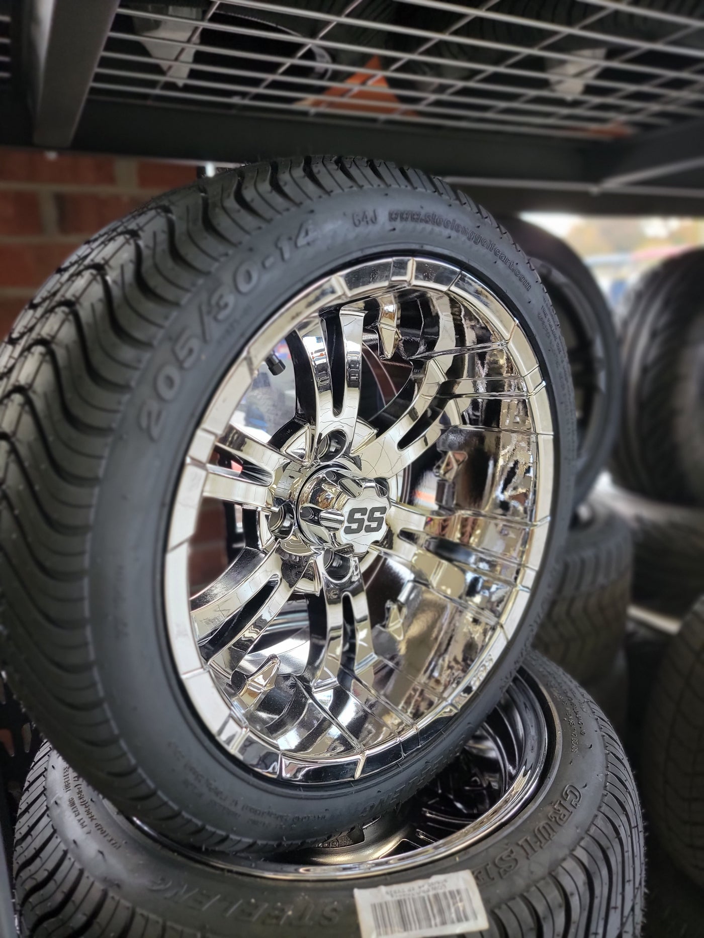GOLF CART 14" INCH VAMPIRE CHROME WHEELS ON 205/30-14 LOW PROFILE TIRES (SET OF 4) optional Lugs