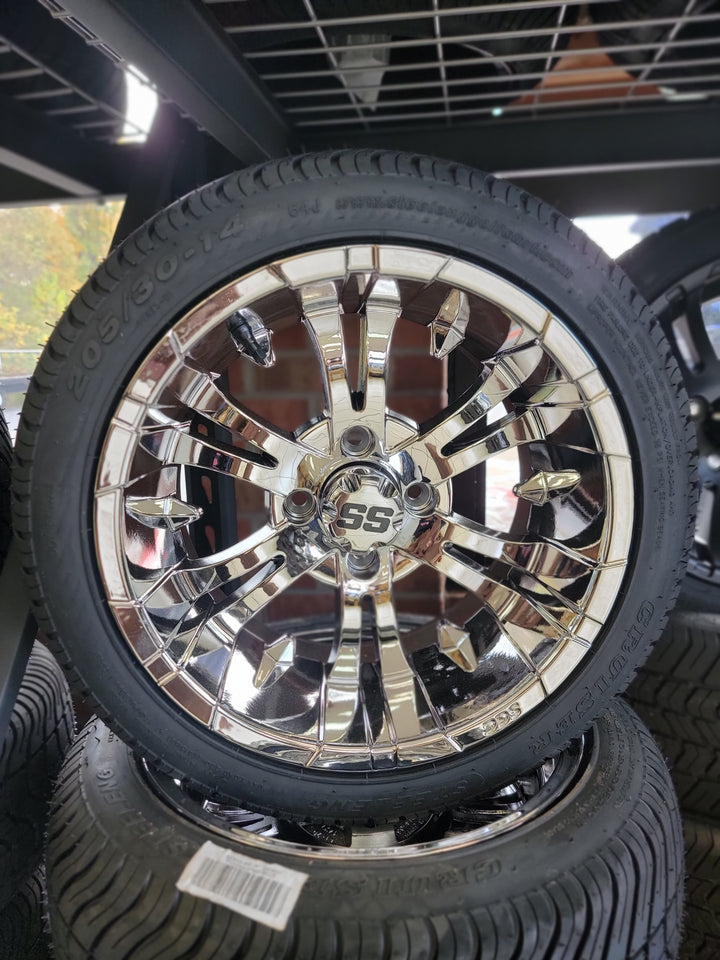 GOLF CART 14" INCH VAMPIRE CHROME WHEELS ON 205/30-14 LOW PROFILE TIRES (SET OF 4) optional Lugs