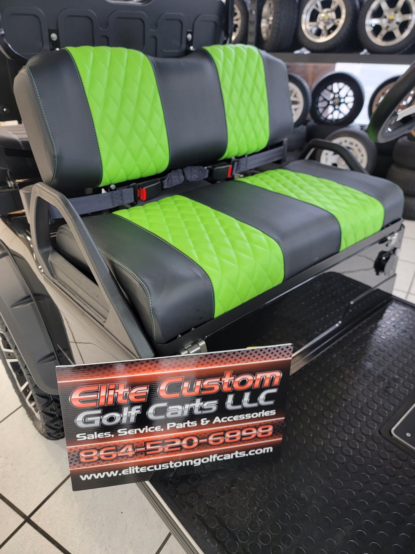 Evolution EV Golf Cart Custom Diamond Stich Seat Covers Black & Neon Green Diamond Stich fits Evolutions Classic Pro & Plus, Carrier & Forester Models