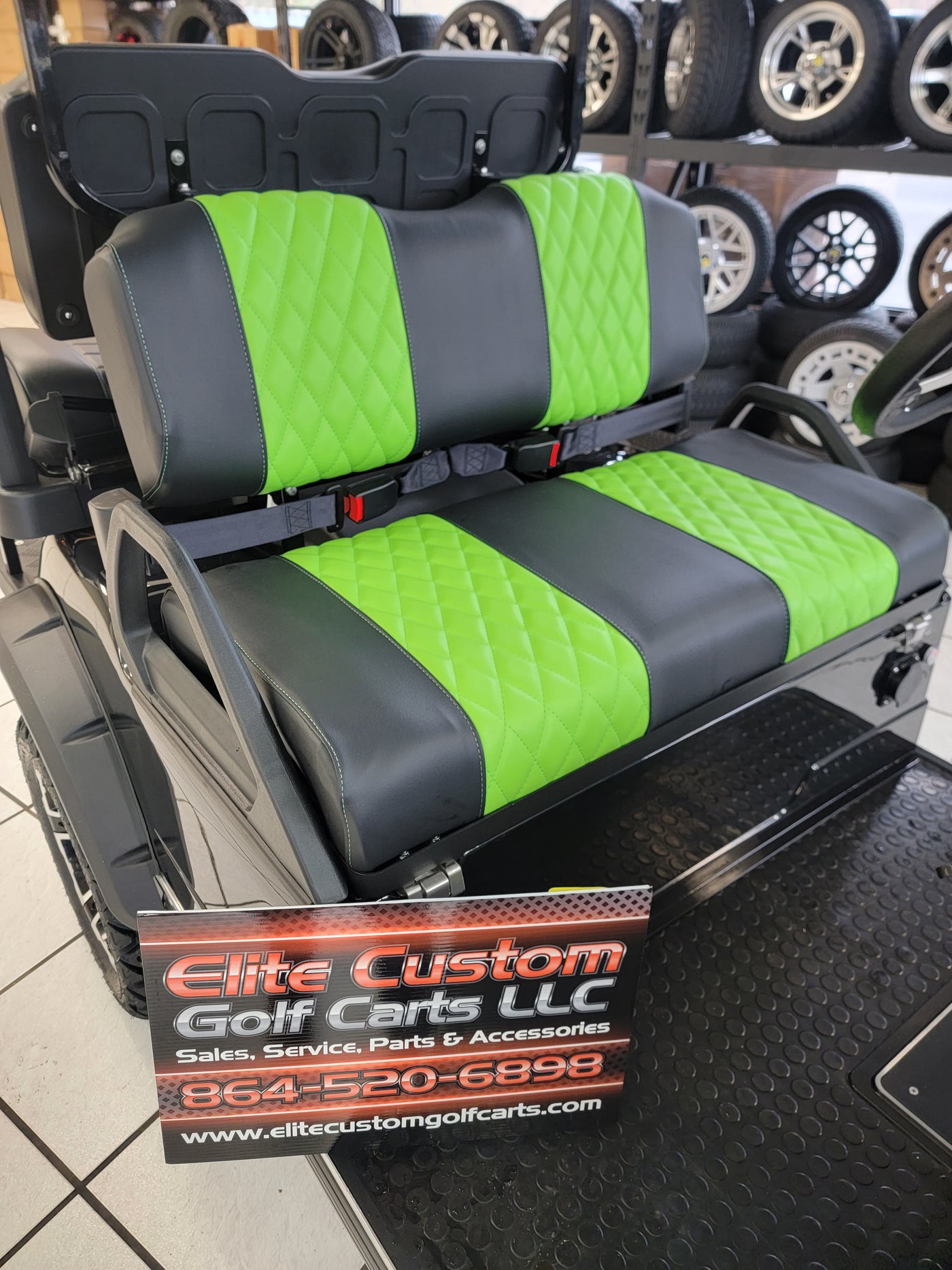 Evolution EV Golf Cart Custom Diamond Stich Seat Covers Black & Neon Green Diamond Stich fits Evolutions Classic Pro & Plus, Carrier & Forester Models