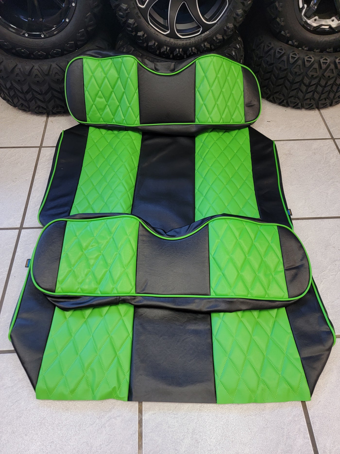 Custom Diamond Stich Black & Neon Green Seat Covers Fits Ez-Go (Ezgo) Txt/Rxv 1996-Current) or Club Car DS (2000-2013)