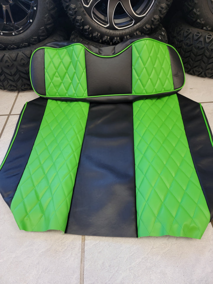 Custom Diamond Stich Black &amp; Neon Green Seat Covers Fits Ez-Go (Ezgo) Txt/Rxv 1996-Current) or Club Car DS (2000-2013)
