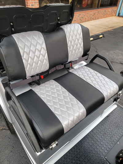 Evolution EV Golf Cart Custom Diamond Stich Seat Covers Black with Silver Diamond stich fits Evolutions Classic Pro & Plus, Carrier & Forester Models