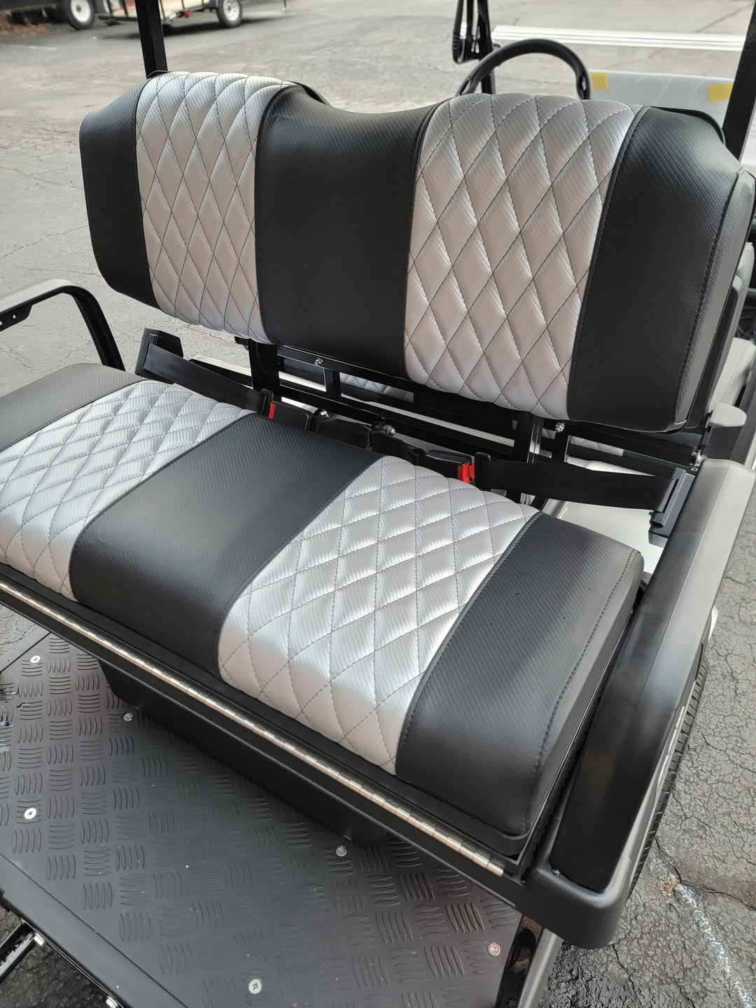 Evolution EV Golf Cart Custom Diamond Stich Seat Covers Black with Silver Diamond stich fits Evolutions Classic Pro &amp; Plus, Carrier &amp; Forester Models