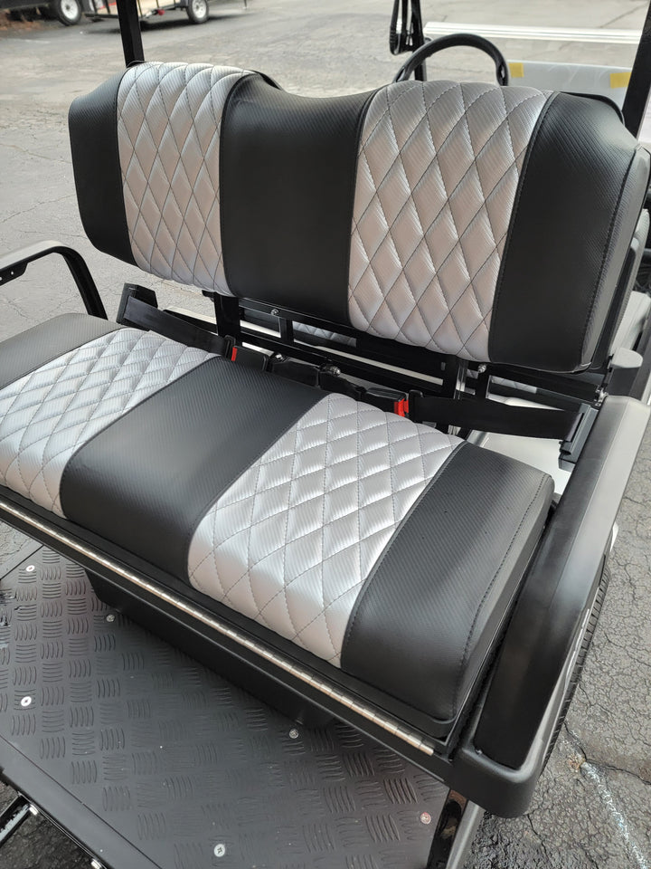 Evolution EV Golf Cart Custom Diamond Stich Seat Covers Black with Silver Diamond stich fits Evolutions Classic Pro &amp; Plus, Carrier &amp; Forester Models