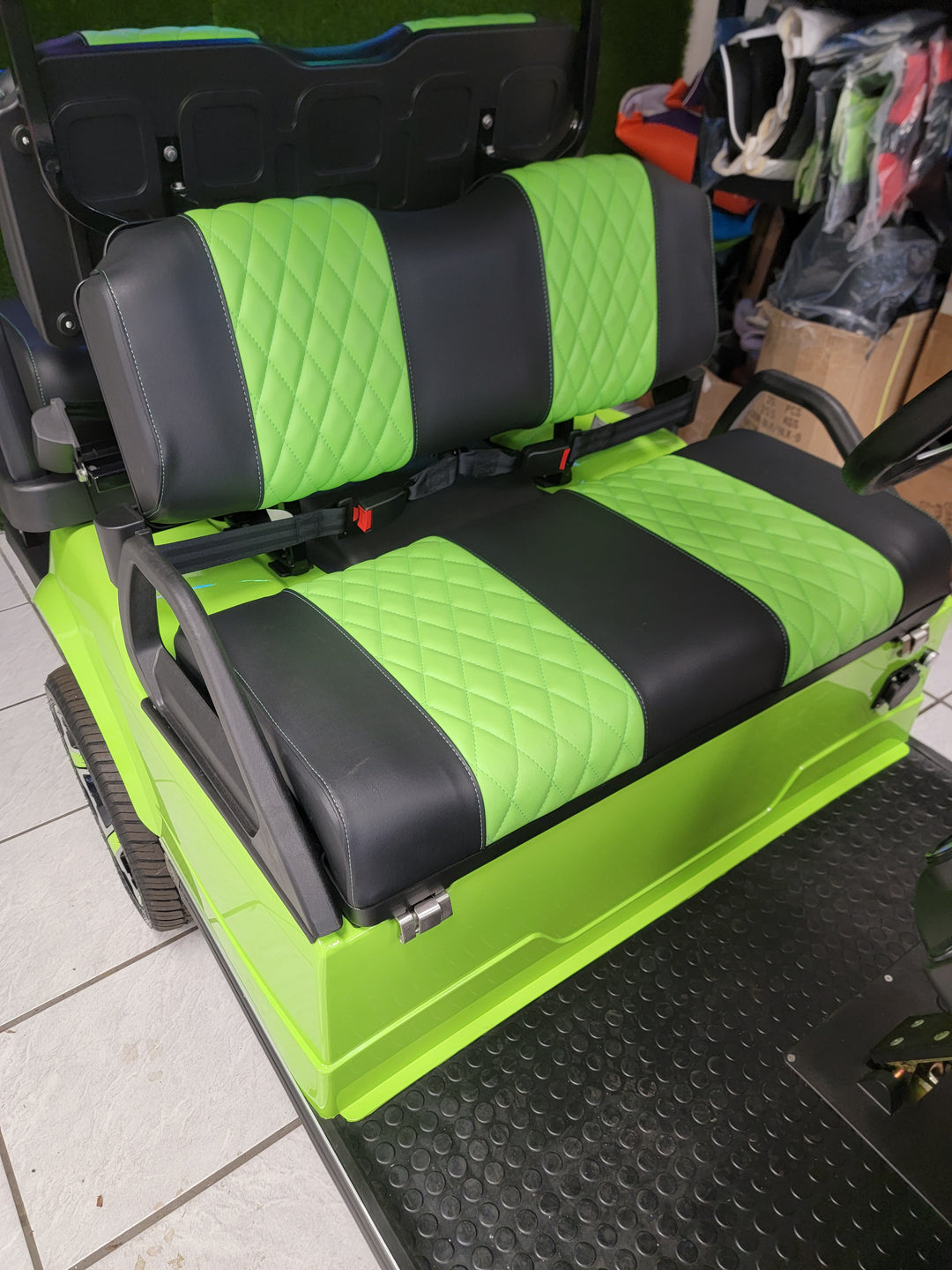 Evolution EV Golf Cart Custom Diamond Stich Seat Covers Lime Green 