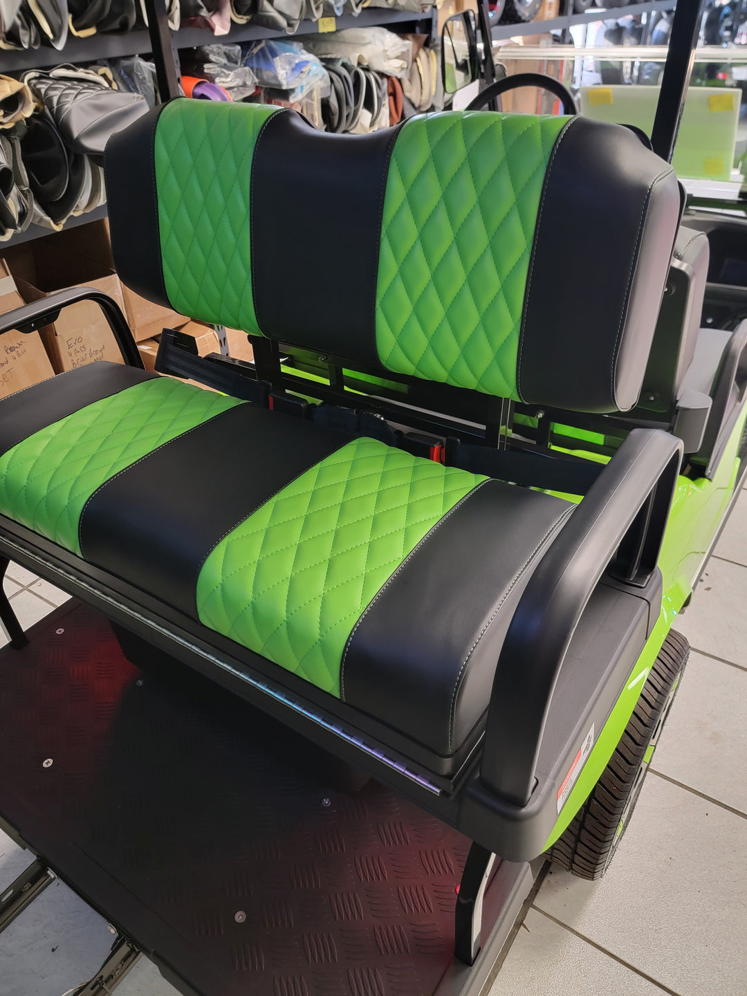 Evolution EV Golf Cart Custom Diamond Stich Seat Covers Lime Green fits Evolutions Classic Pro &amp; Plus, Forester &amp; Carrier Plus