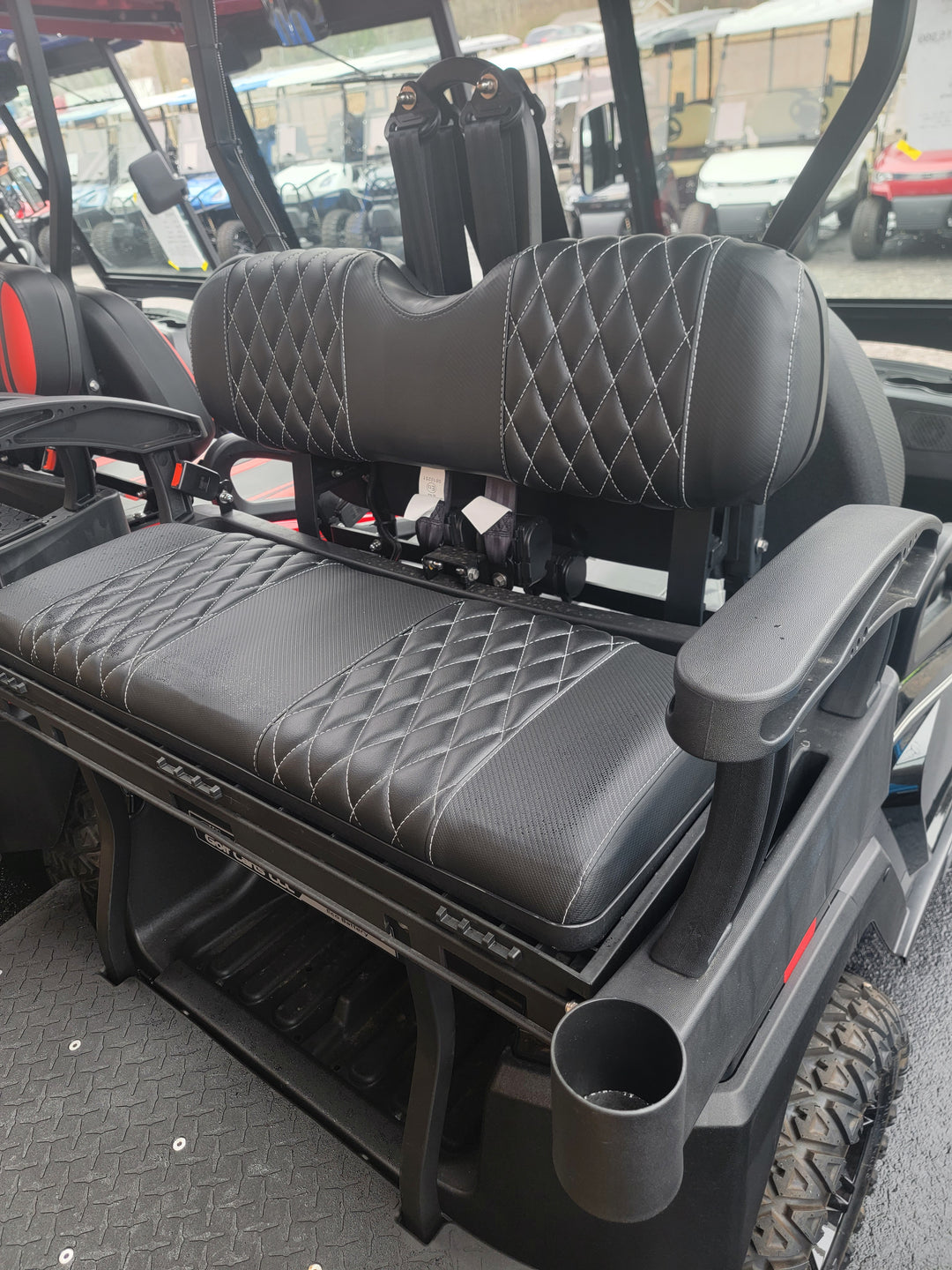 Bintelli Golf Cart Custom Diamond Stitch Carbon Black Seat Covers with White Stiching