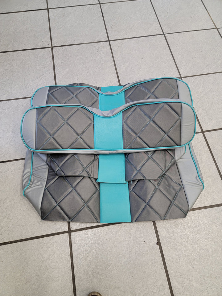 Custom Diamond Stich Charcoal Grey &amp; Silver Carbon w/ Teal Stripe &amp; Pipe Ez-Go (Ezgo) Txt/Rxv(1996-current) or Club Car DS 2000-2013 Cart Front Rear Seat Covers