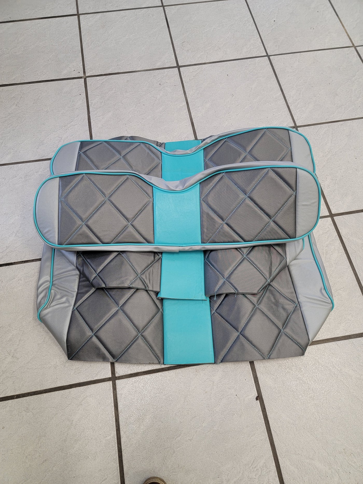 Custom Diamond Stich Charcoal Grey & Silver Carbon w/ Teal Stripe & Pipe Ez-Go (Ezgo) Txt/Rxv(1996-current) or Club Car DS 2000-2013 Cart Front Rear Seat Covers
