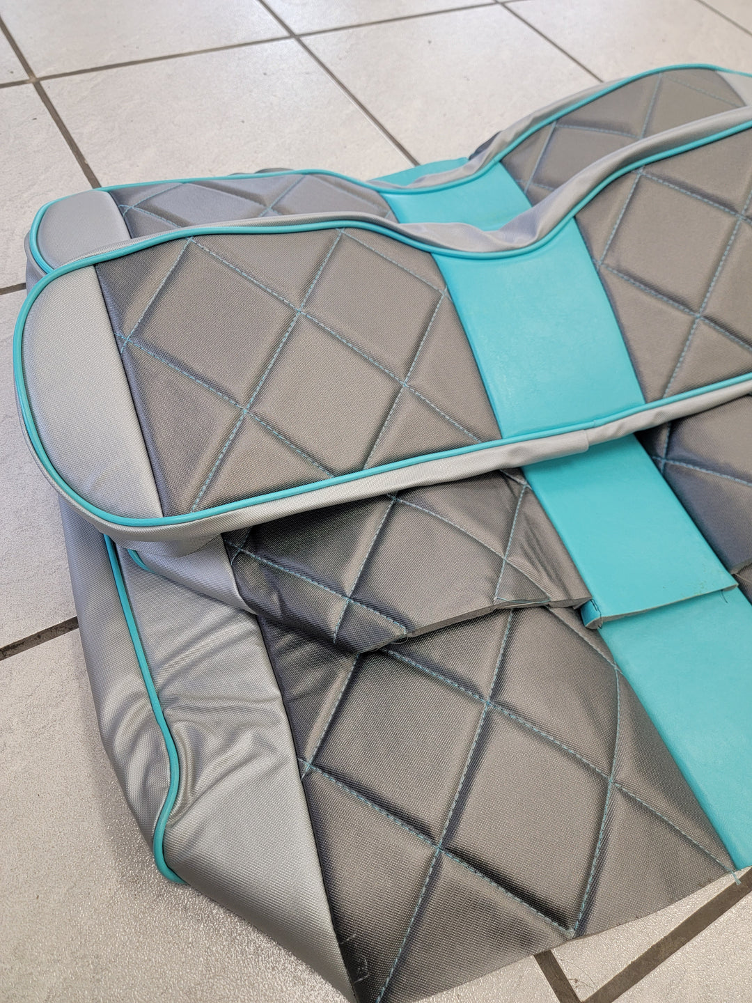 Custom Diamond Stich Charcoal Grey &amp; Silver Carbon w/ Teal Stripe &amp; Pipe Ez-Go (Ezgo) Txt/Rxv(1996-current) or Club Car DS 2000-2013 Cart Front Rear Seat Covers