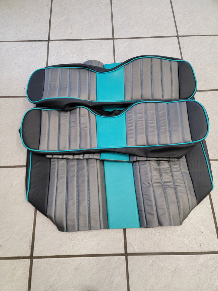 Custom Charcoal Grey &amp; Black Carbon w/ Teal Stripe &amp; Pipe Ez-Go (Ezgo) Txt/Rxv(1996-current) or Club Car DS 2000-2013 Cart Front Rear Seat Covers