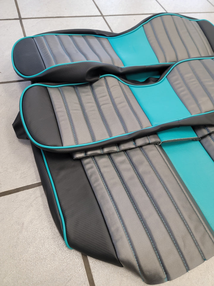 Custom Charcoal Grey &amp; Black Carbon w/ Teal Stripe &amp; Pipe Ez-Go (Ezgo) Txt/Rxv(1996-current) or Club Car DS 2000-2013 Cart Front Rear Seat Covers