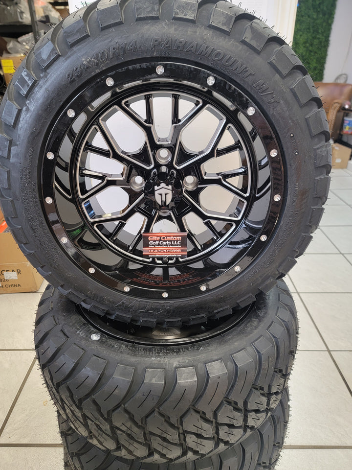 EMPIRE OUTLAW O2 GLOSS BLACK WITH MILLED EDGE &amp; MILLED RIVETS GOLF CART 14" WHEELS ON 14x23" PARAMOUNT ALL TERRAIN TIRES (SET OF 4) optional Lugs