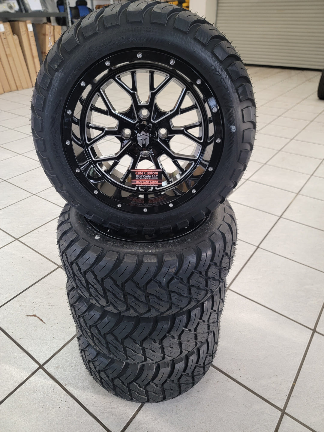 EMPIRE OUTLAW O2 GLOSS BLACK WITH MILLED EDGE &amp; MILLED RIVETS GOLF CART 14" WHEELS ON 14x23" PARAMOUNT ALL TERRAIN TIRES (SET OF 4) optional Lugs
