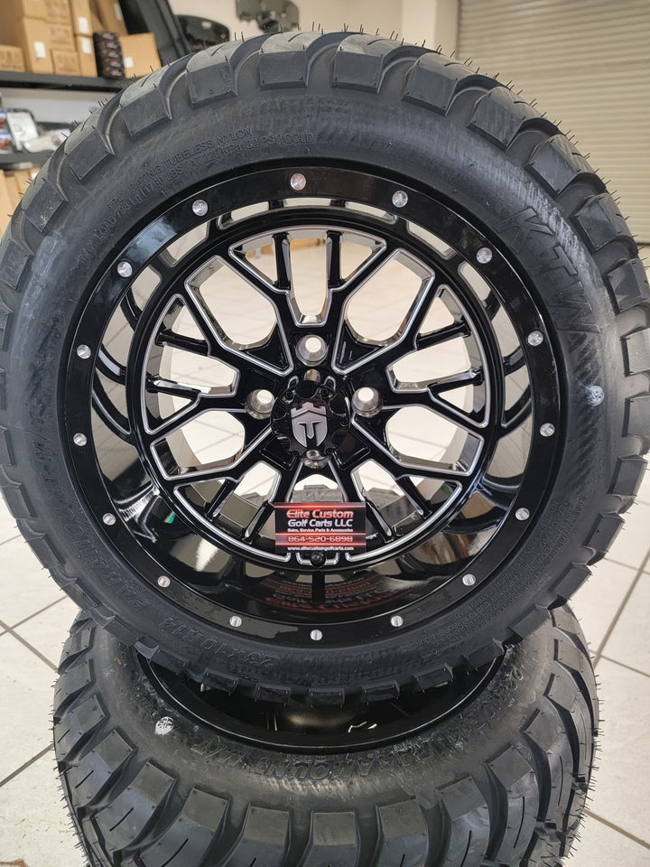 EMPIRE OUTLAW O2 GLOSS BLACK WITH MILLED EDGE &amp; MILLED RIVETS GOLF CART 14" WHEELS ON 14x23" PARAMOUNT ALL TERRAIN TIRES (SET OF 4) optional Lugs