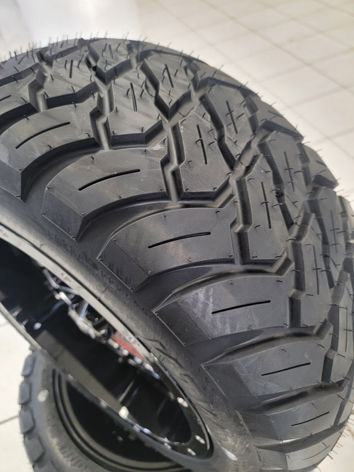 EMPIRE OUTLAW O2 GLOSS BLACK WITH MILLED EDGE &amp; MILLED RIVETS GOLF CART 14" WHEELS ON 14x23" PARAMOUNT ALL TERRAIN TIRES (SET OF 4) optional Lugs