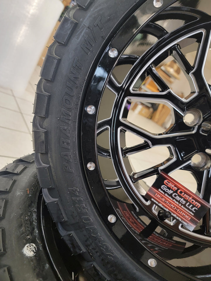 EMPIRE OUTLAW O2 GLOSS BLACK WITH MILLED EDGE &amp; MILLED RIVETS GOLF CART 14" WHEELS ON 14x23" PARAMOUNT ALL TERRAIN TIRES (SET OF 4) optional Lugs