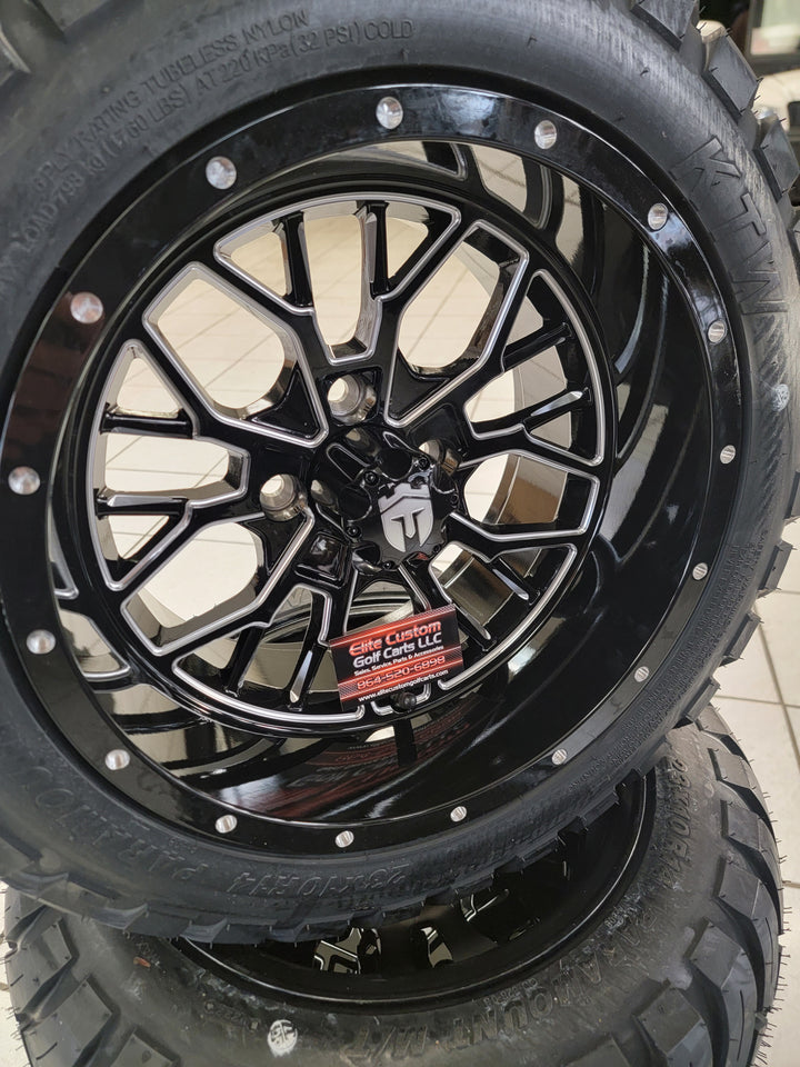 EMPIRE OUTLAW O2 GLOSS BLACK WITH MILLED EDGE &amp; MILLED RIVETS GOLF CART 14" WHEELS ON 14x23" PARAMOUNT ALL TERRAIN TIRES (SET OF 4) optional Lugs