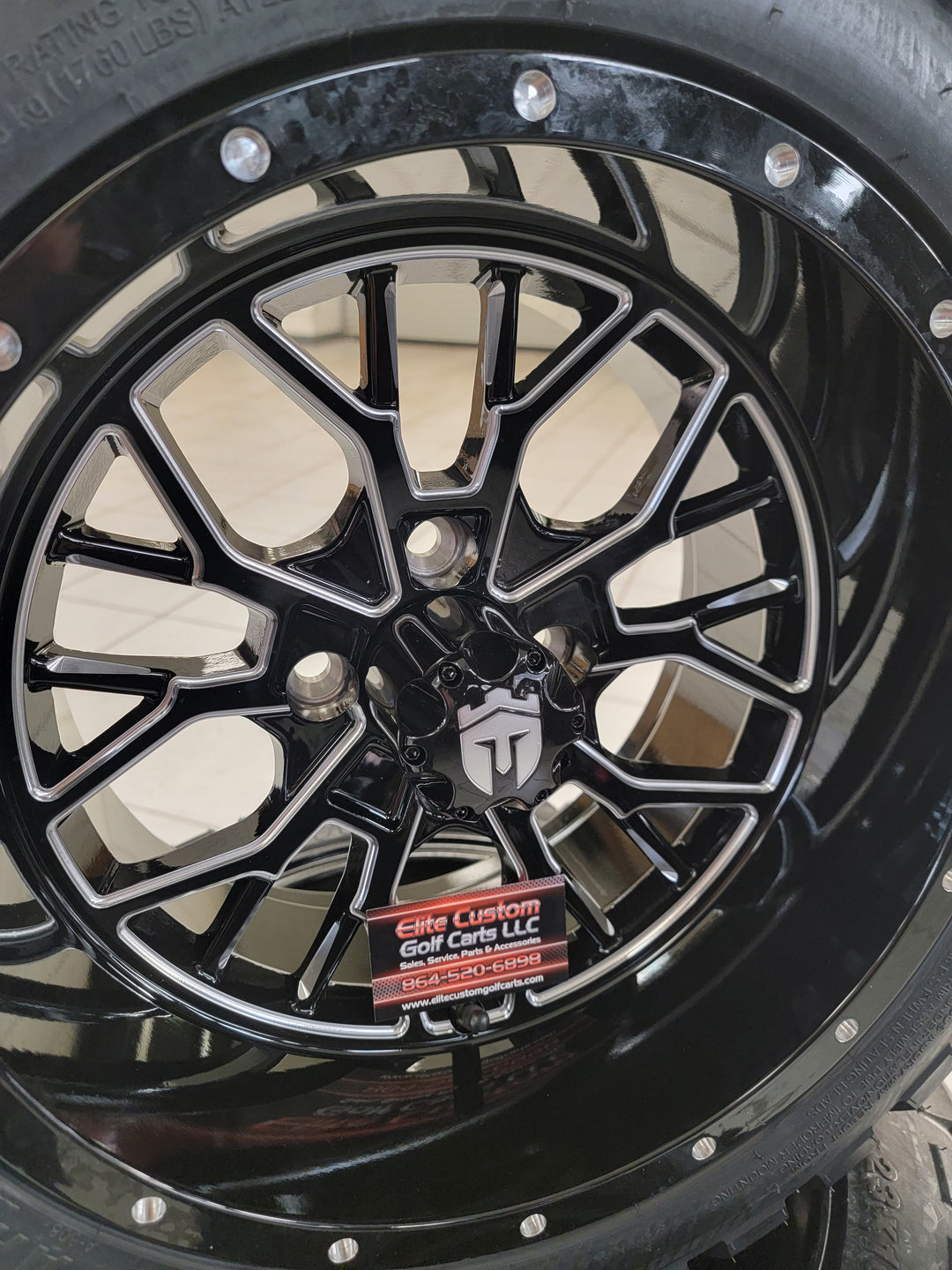 EMPIRE OUTLAW O2 GLOSS BLACK WITH MILLED EDGE &amp; MILLED RIVETS GOLF CART 14" WHEELS ON 14x23" PARAMOUNT ALL TERRAIN TIRES (SET OF 4) optional Lugs