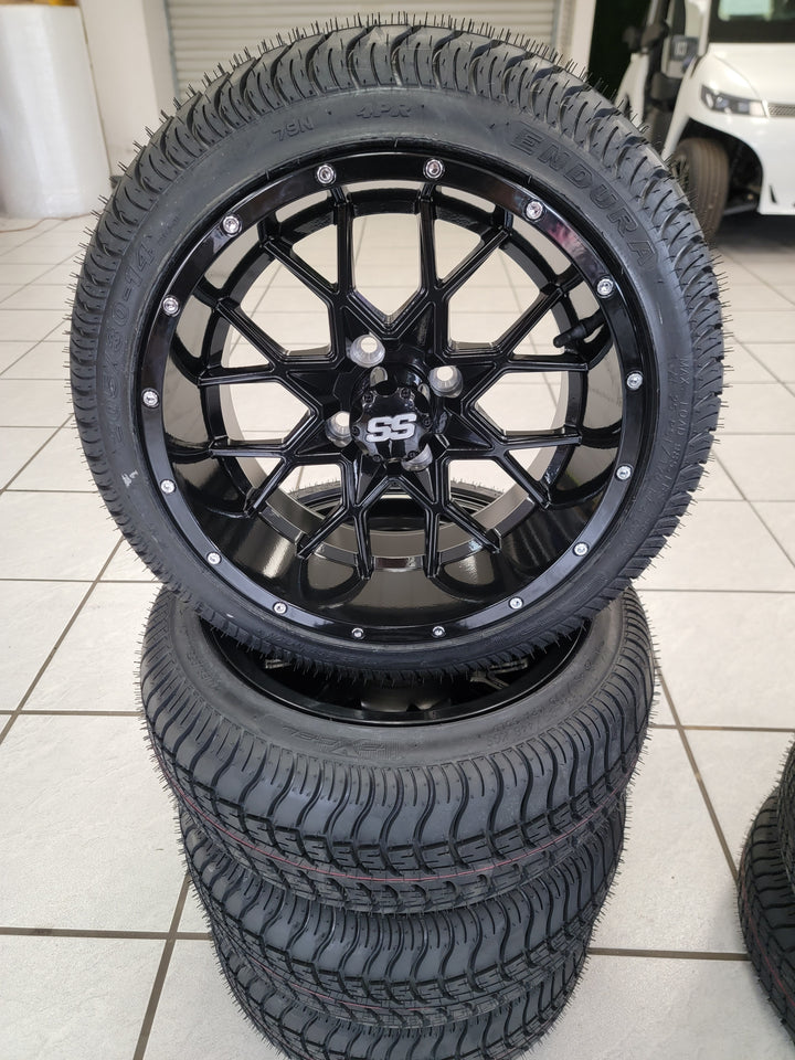 14" VORTEX WHEELS GOLF CART WHEELS GLOSS BLACK ON 205/30-14 LOW PROFILE TIRES (SET OF 4) optional Lugs