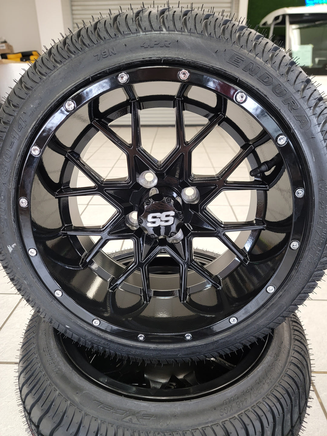 14" VORTEX WHEELS GOLF CART WHEELS GLOSS BLACK ON 205/30-14 LOW PROFILE TIRES (SET OF 4) optional Lugs