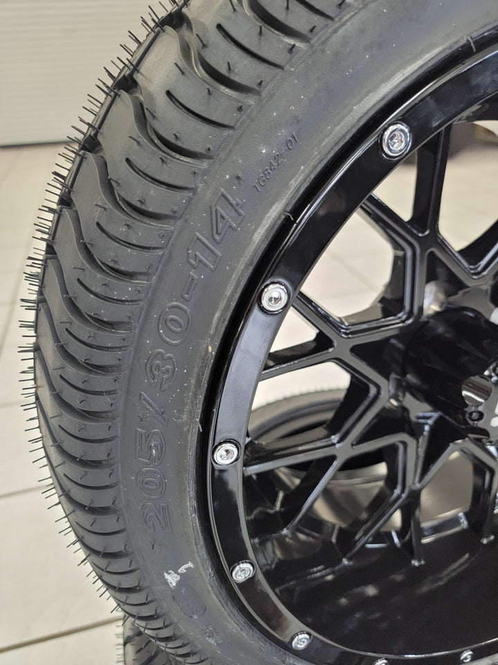 14" VORTEX WHEELS GOLF CART WHEELS GLOSS BLACK ON 205/30-14 LOW PROFILE TIRES (SET OF 4) optional Lugs
